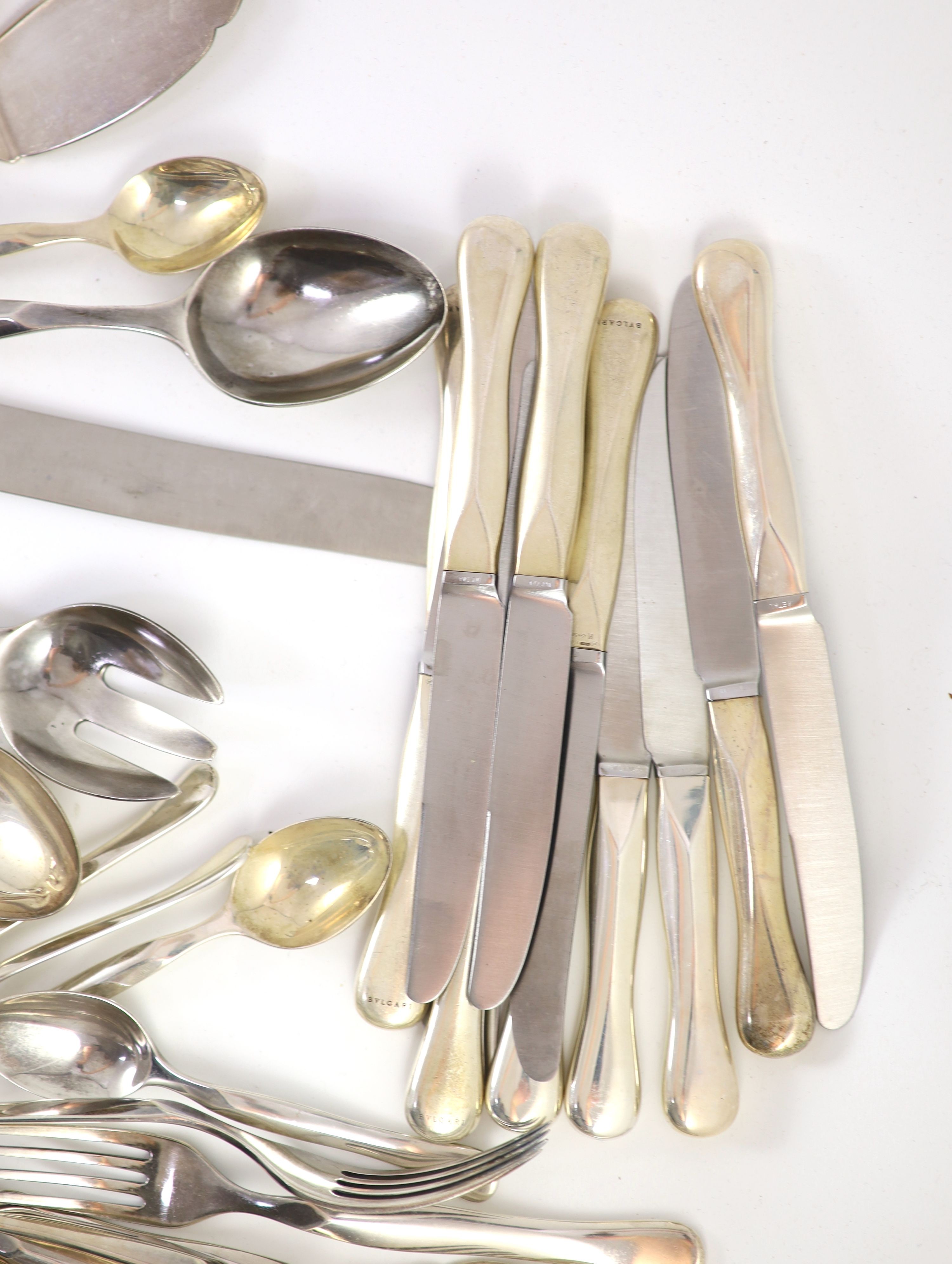 A modern canteen of Italian Eccentrica pattern by Rosenthal for Bulgari 925 sterling cutlery for twelve